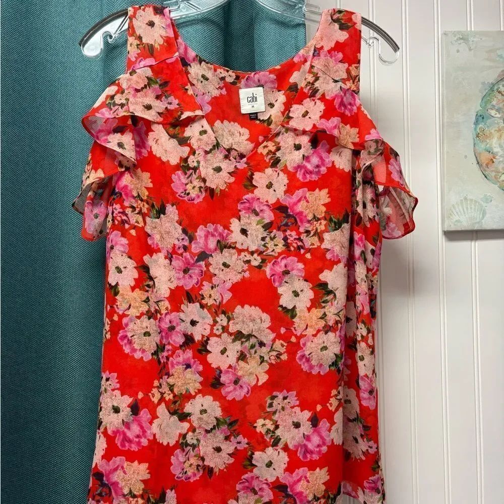 CAbi Red and Pink Floral Off the Shoulder Blouse Size M
